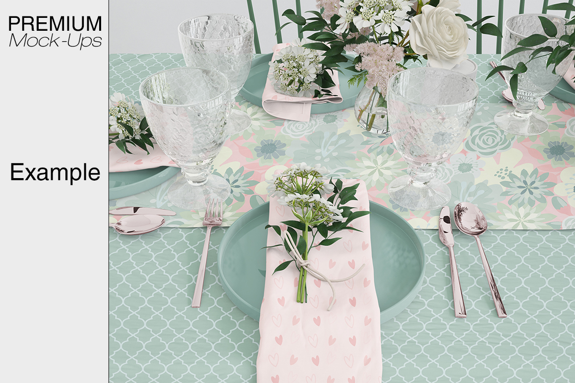 Download Table Linens - Tablecloth, Runner & Napkins Mockup (52210) | Mock Ups | Design Bundles
