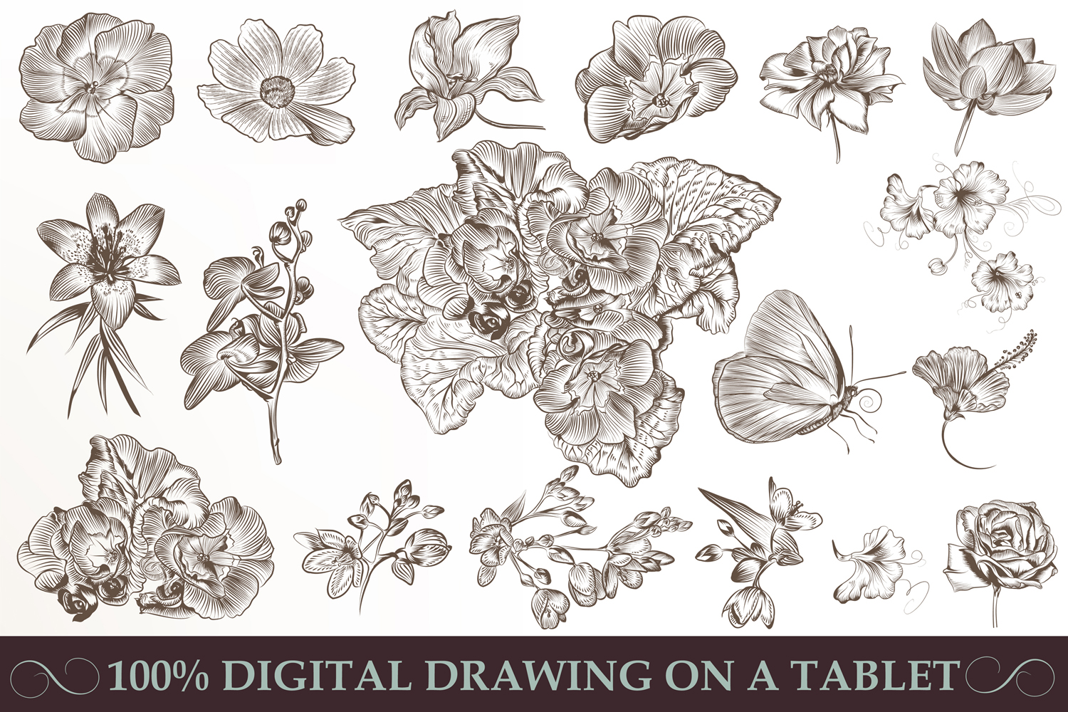 Bundle of engraved flowers