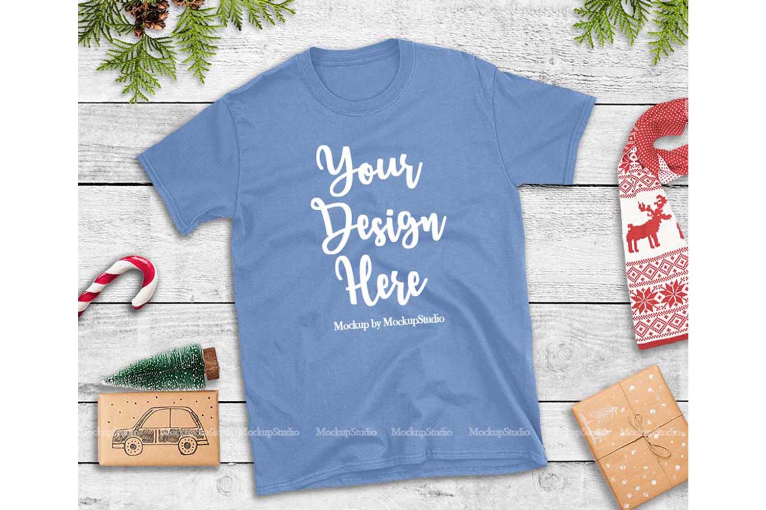 Download Carolina Blue Christmas Tshirt Mockup Holiday Tee Flat Lay