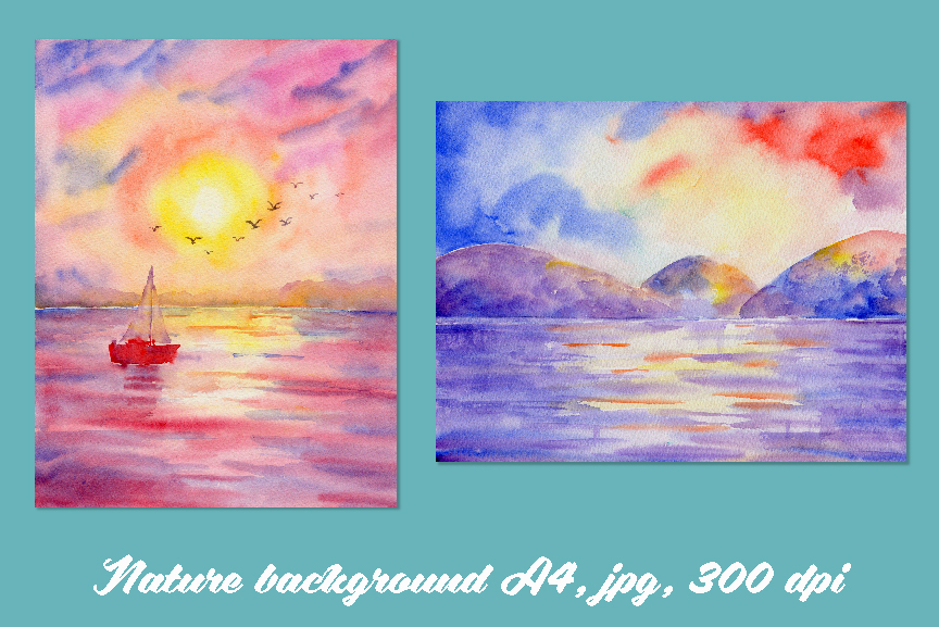 Watercolor Nature Background Ocean (66879) | Illustrations | Design Bundles