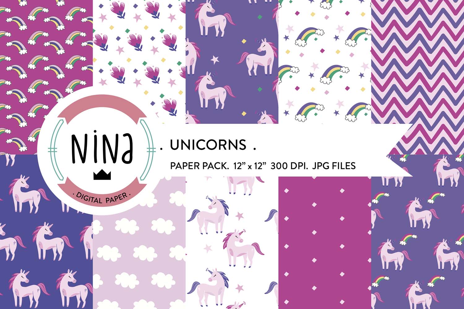 unicorn digital paper pack unicorn patterns rainbow papers