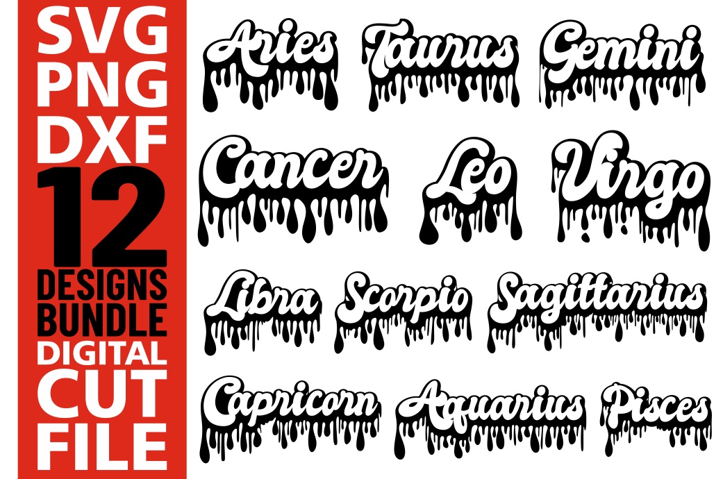 12x Zodiac Sign Bundle svg, Dripping words, Zodiac sign