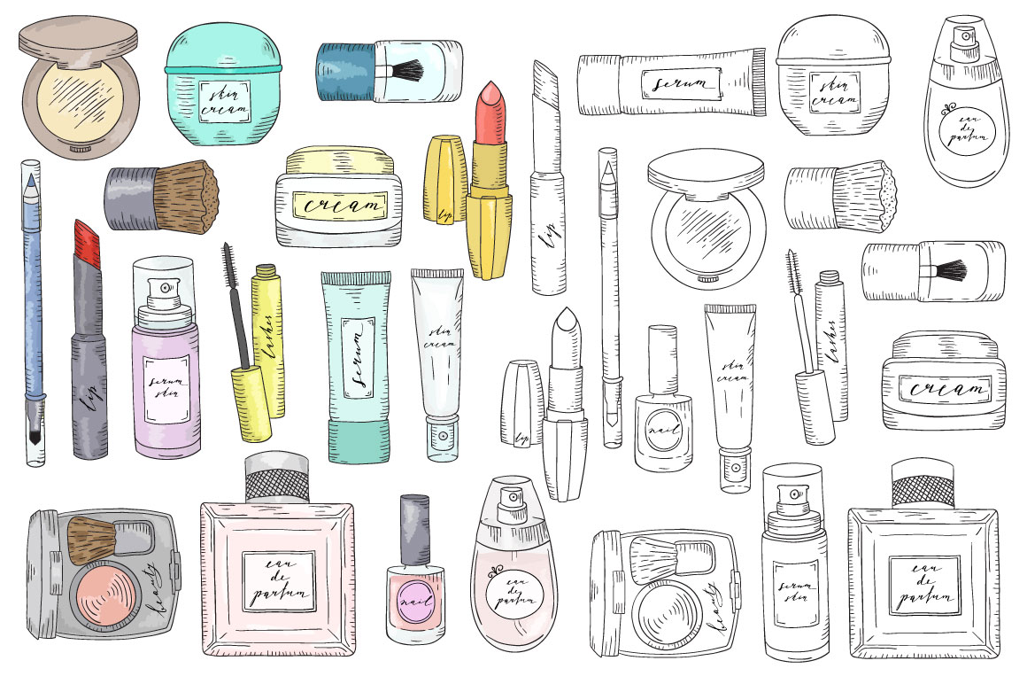 Hand drawn vector cosmetics set. Makeup. (126112) Illustrations