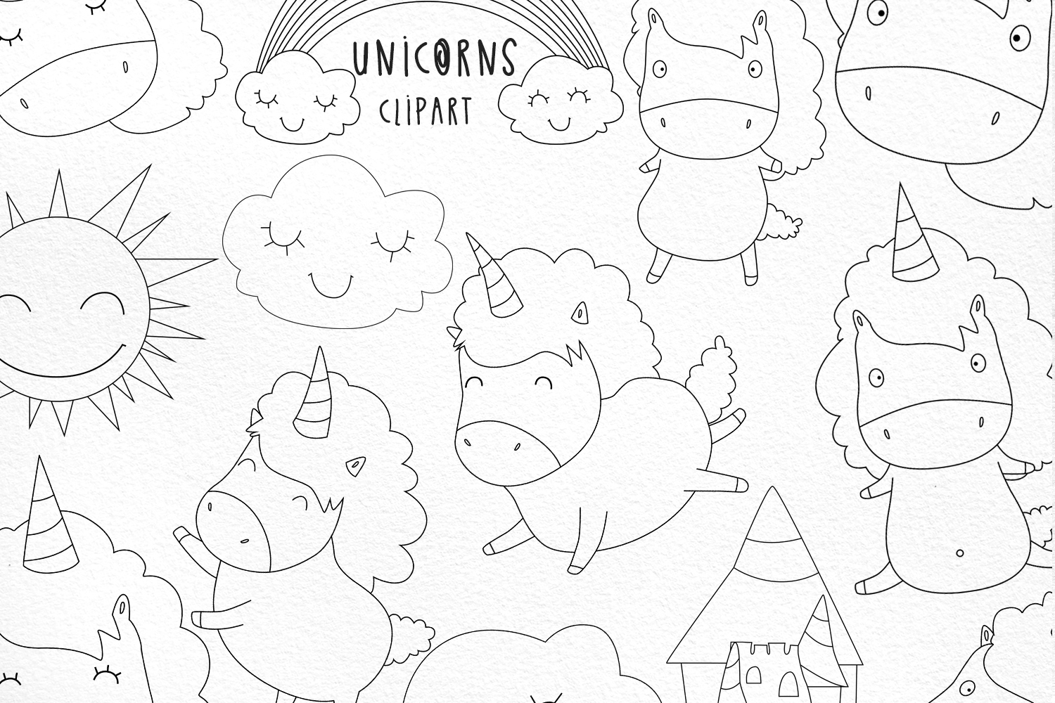 Unicorn svg clipart. Set of 14 black and white unicorns