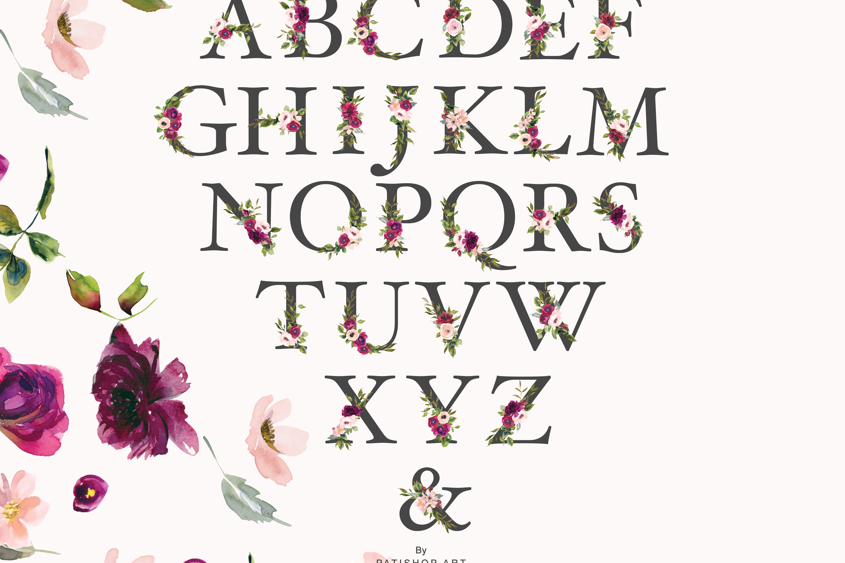 Burgundy & Blush Floral Alphabet Seamless Pattern Tile