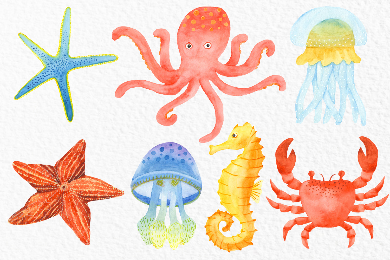 Watercolor Marine set Sea creatures clipart