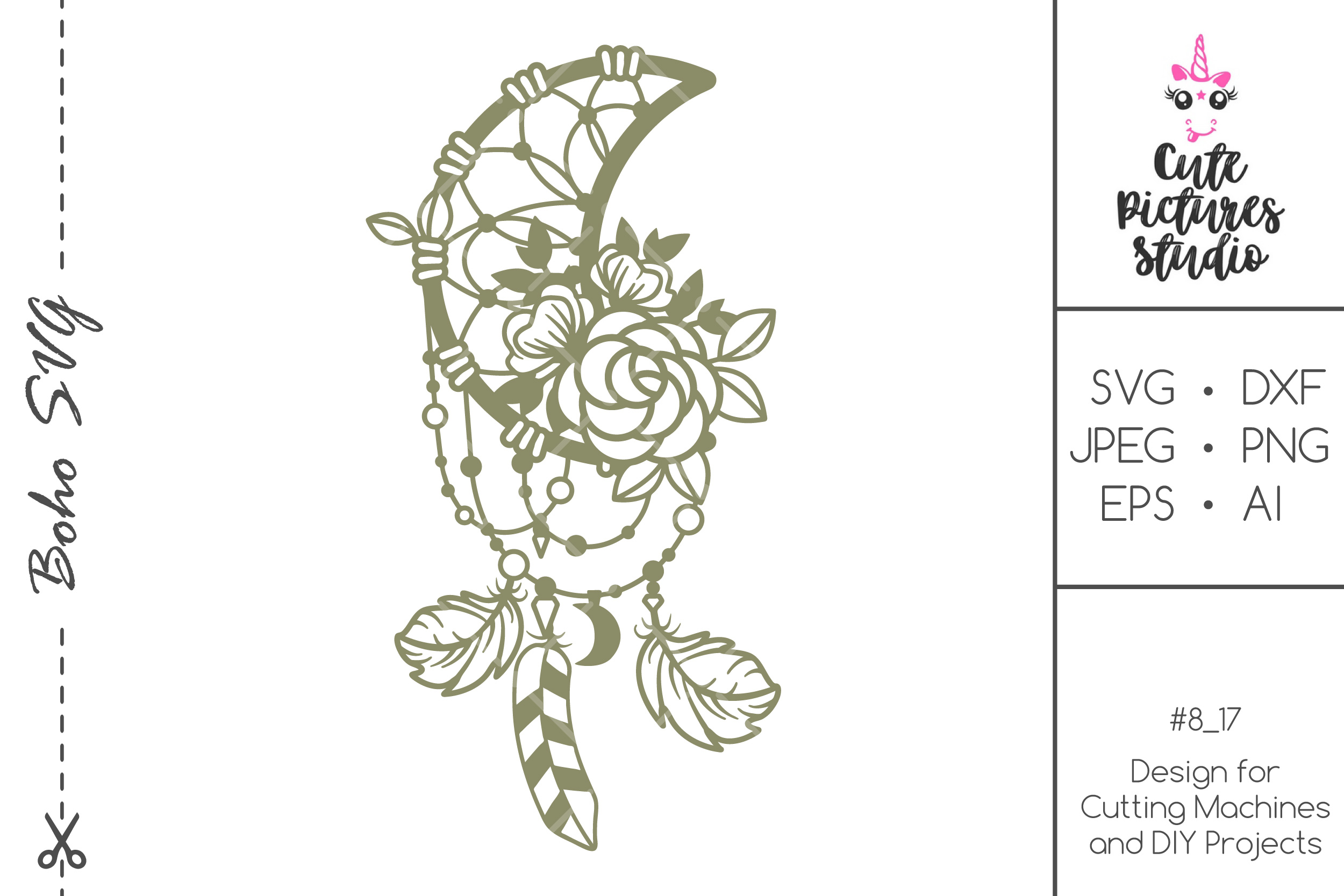 Download Floral moon dream catcher SVG cut file, Feather SVG DXF