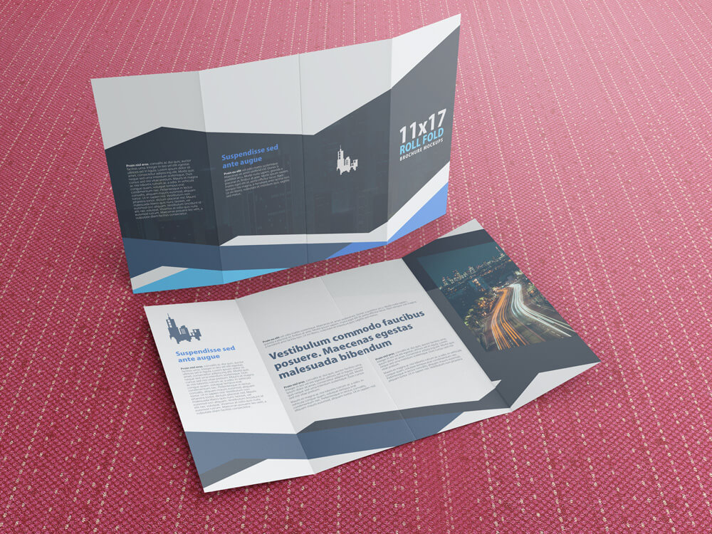 Download 11x17 Four Panel Roll Fold Brochure Mockup (41305) | Mock Ups | Design Bundles