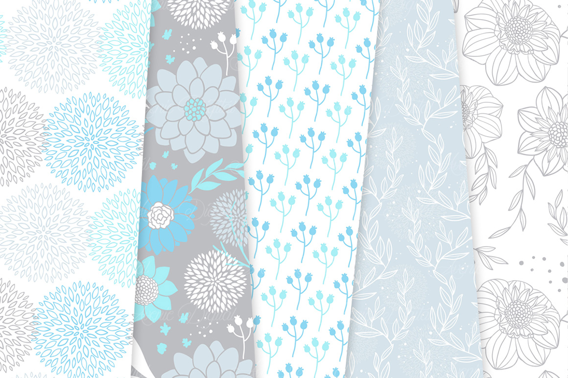 Blue and Gray Floral Vector Patterns - Light Blue Flower Seamless ...