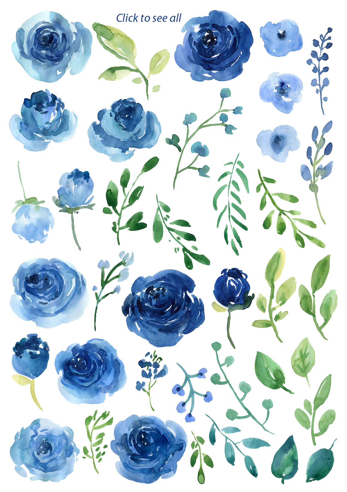 Blue Watercolor Roses Flowers Leaves (83386 ...