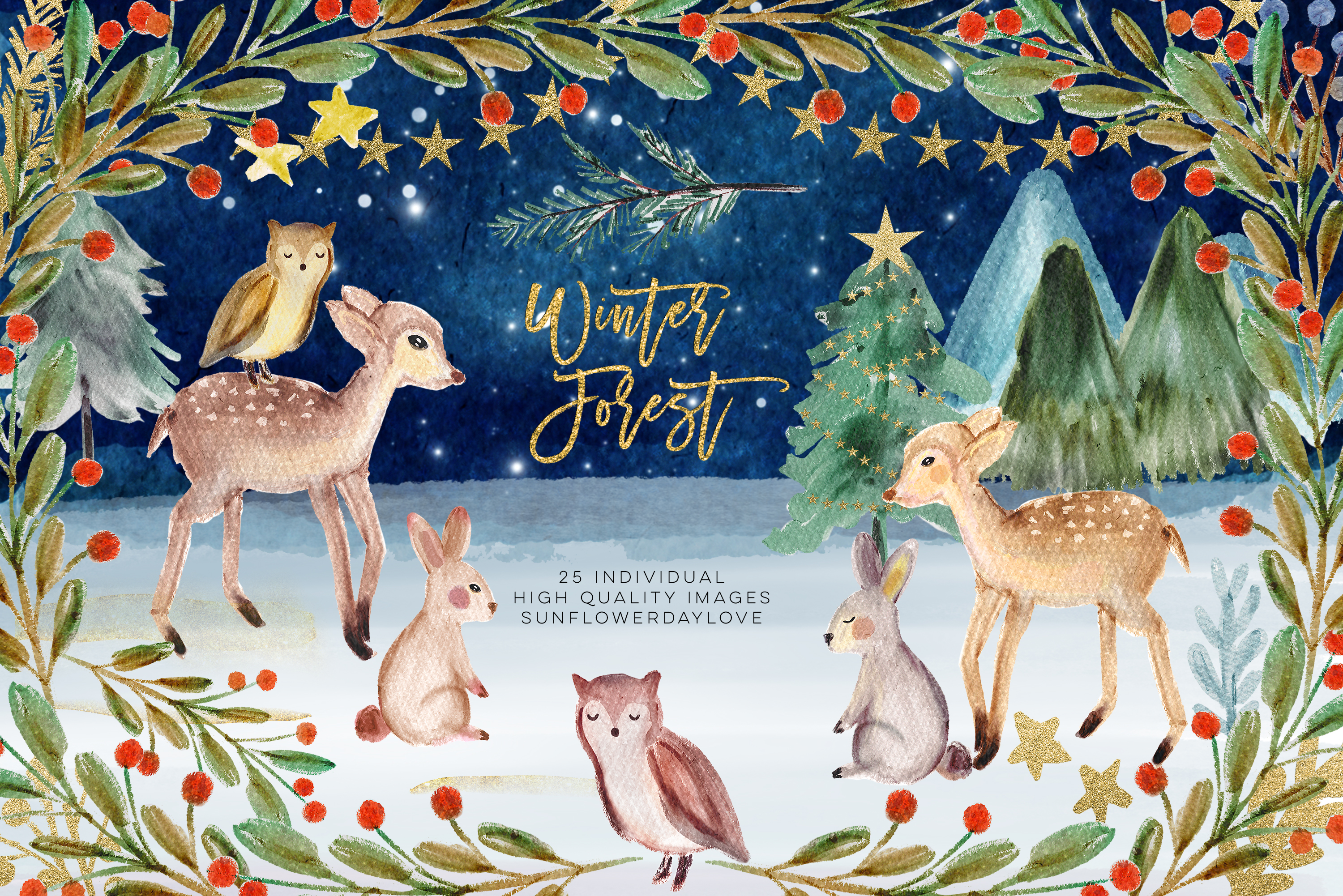 Download Winter Woodland Animals Clipart, Watercolor Pine Trees