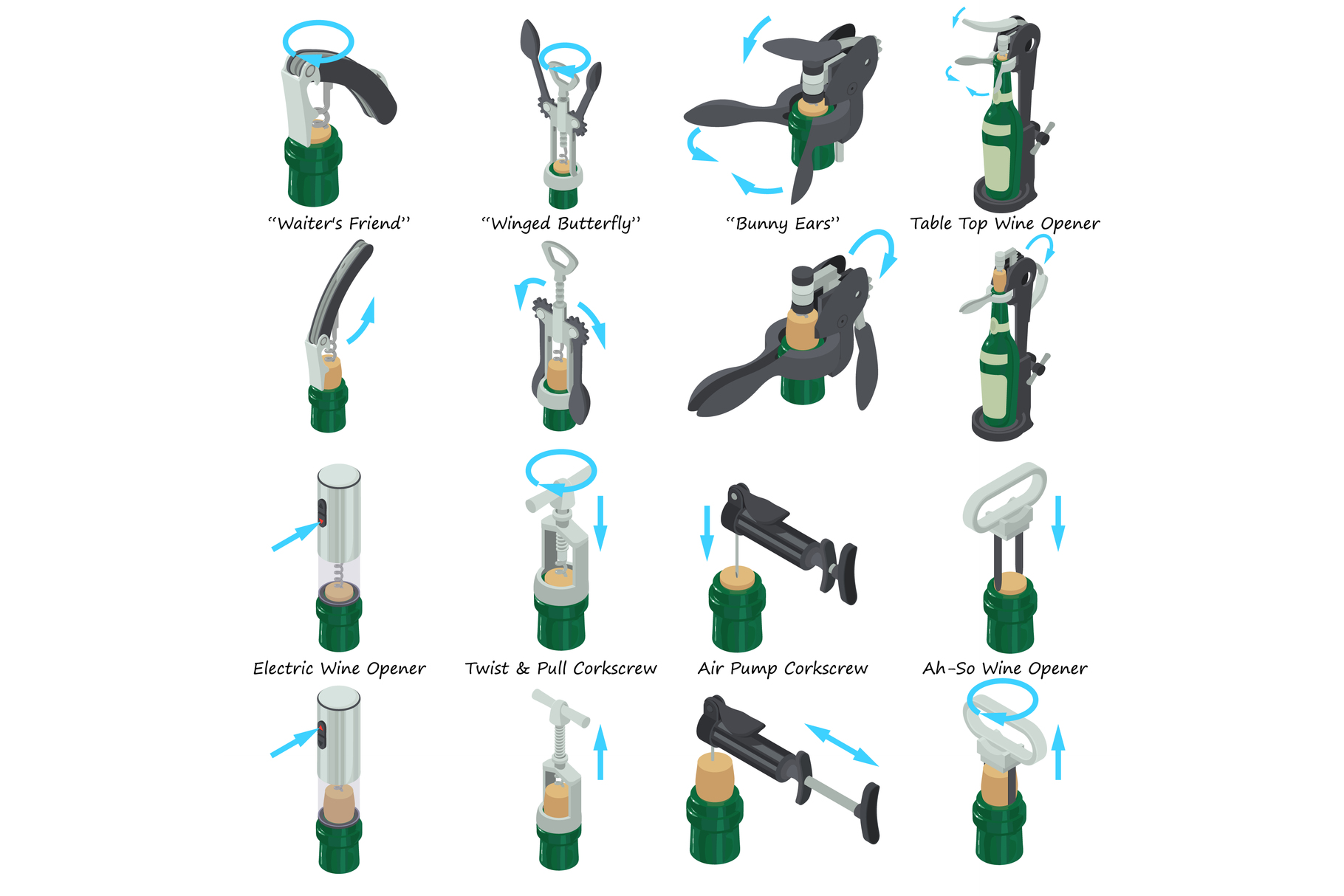 Corkscrew types icons set, isometric style