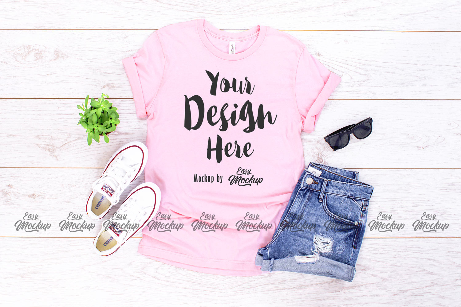 Download Pink Bella Canvas 3001 T Shirt Mockup (210664) | Mock Ups | Design Bundles