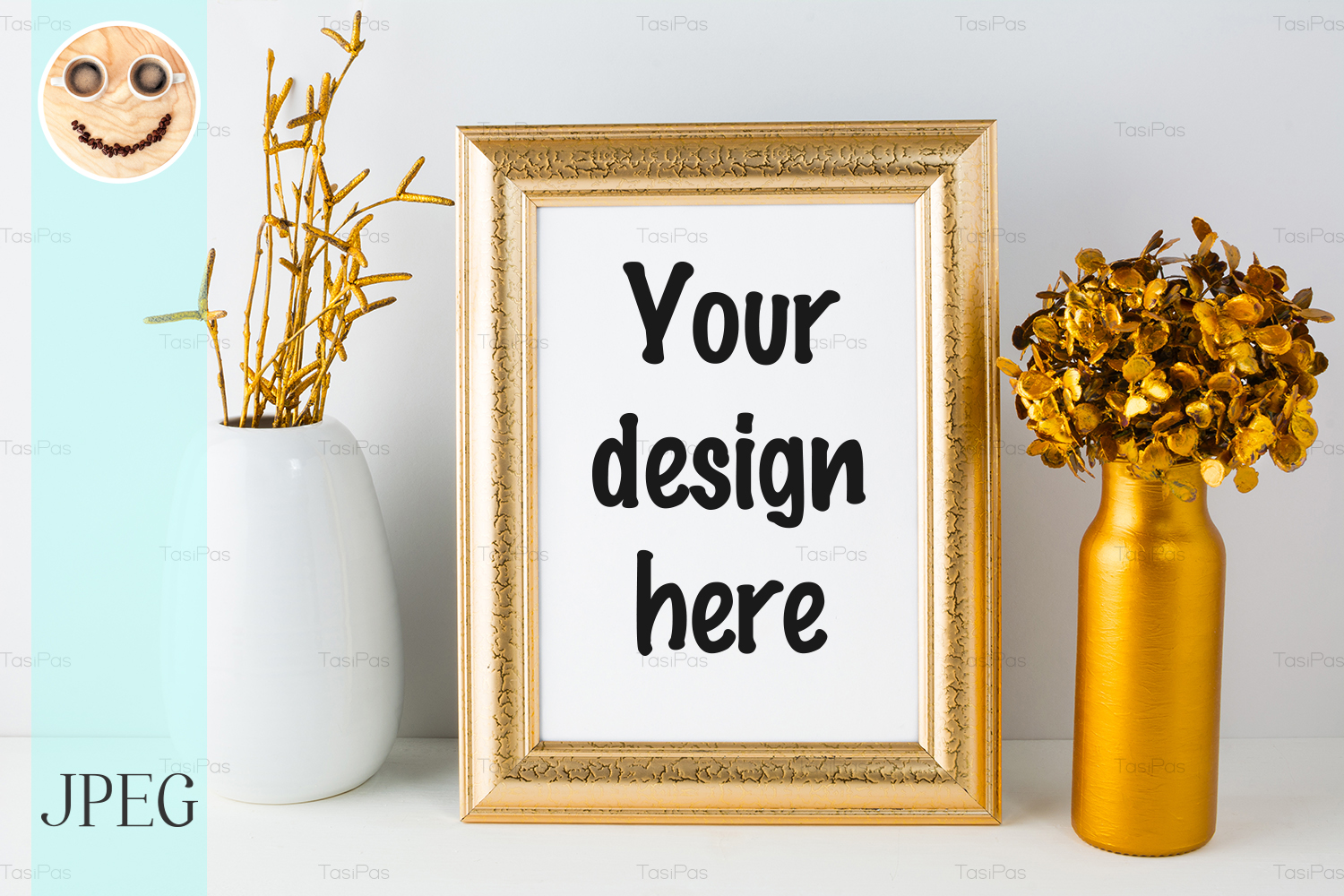 Download Golden frame mockup with white vase and golden decor (333714) | Mock Ups | Design Bundles