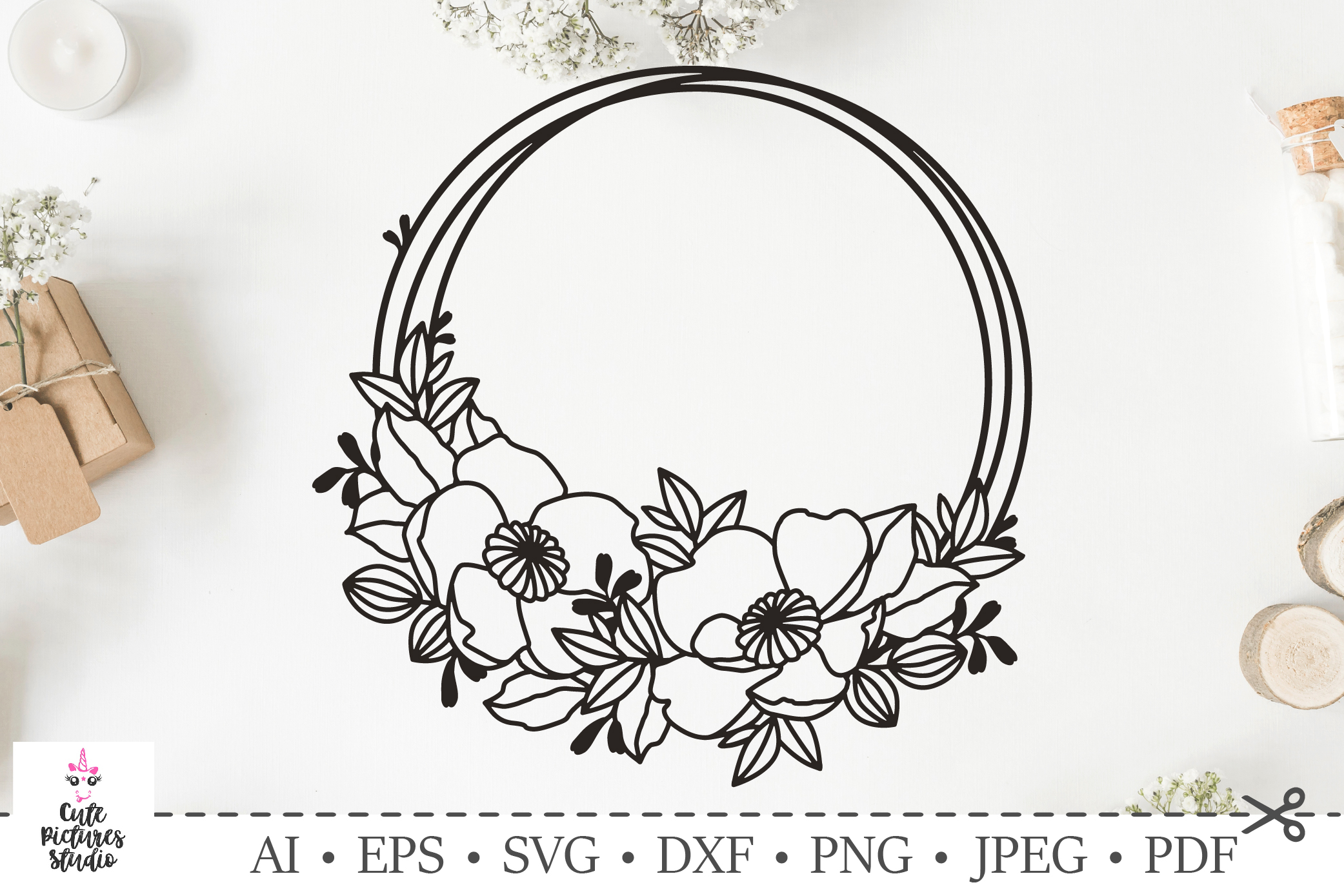 Circle flowers frame for wedding monogram. SVG DXF cut ...