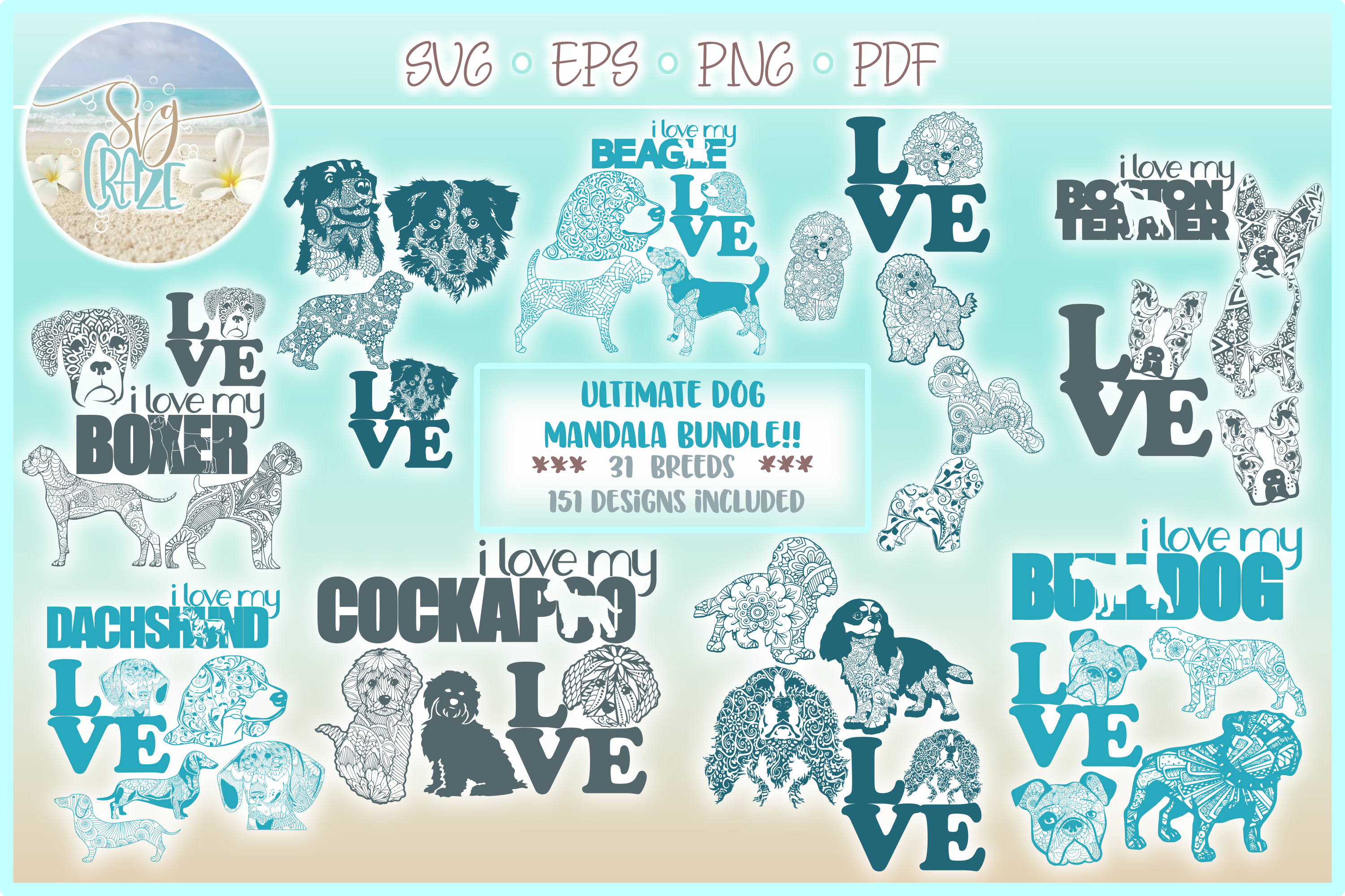 Download 151 Dog Mandalas! Ultimate Dog Mandala Zentangle Svg Dxf Eps