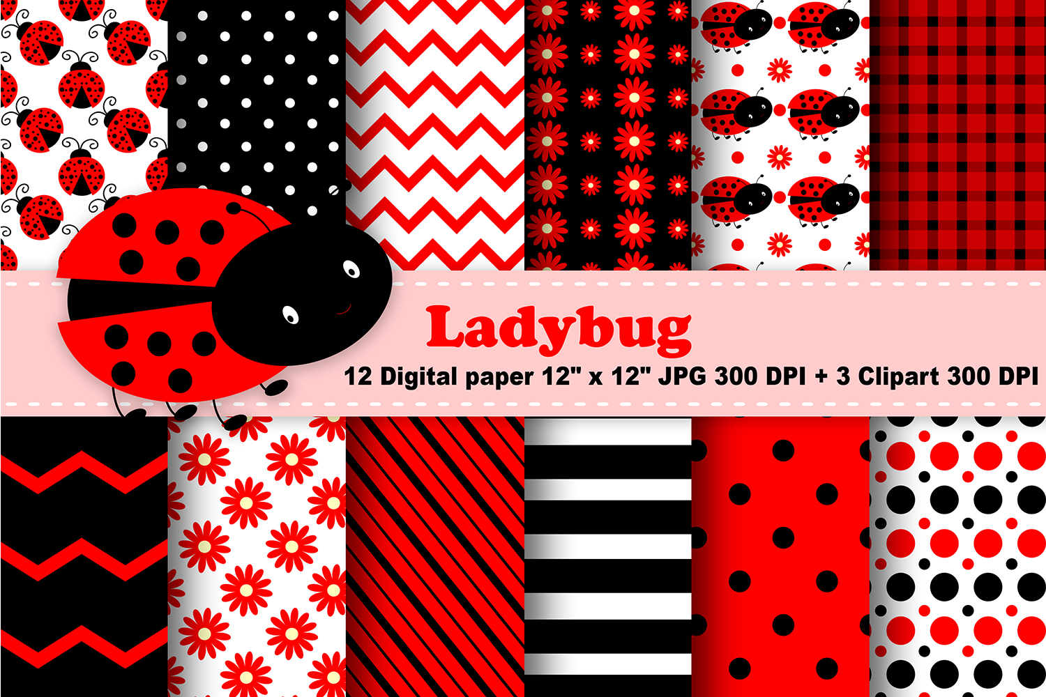 Ladybug Digital Paper, Ladybug Background, Flowers ...
