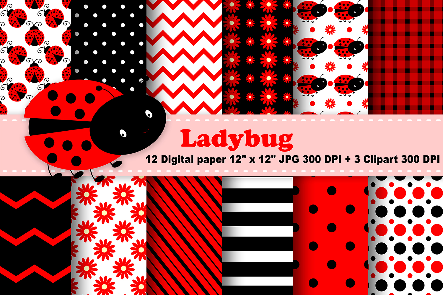 Ladybug Digital Paper, Ladybug Background, Flowers Backgroud, Bugs Pattern, Ladybugs Papers.