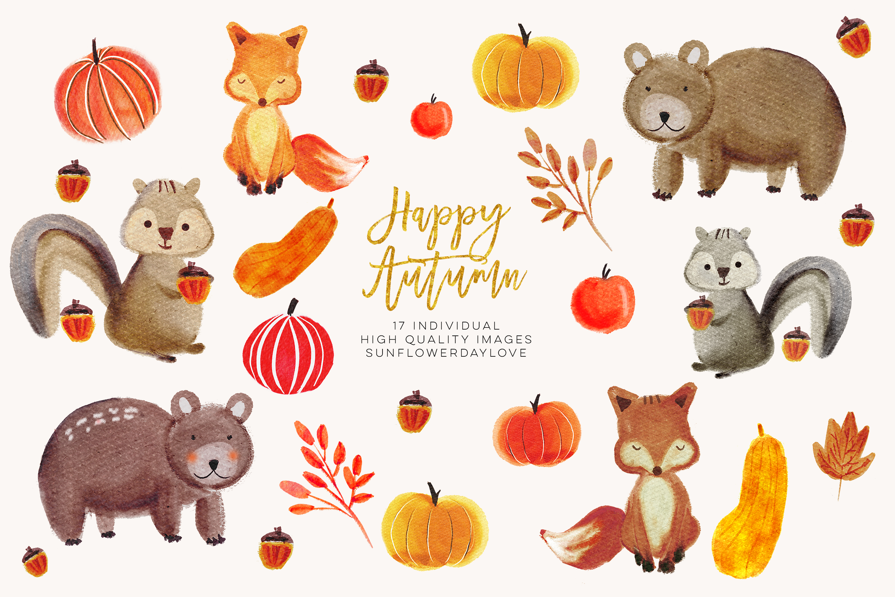 Watercolor forest animals clipart, autumn animal clip art