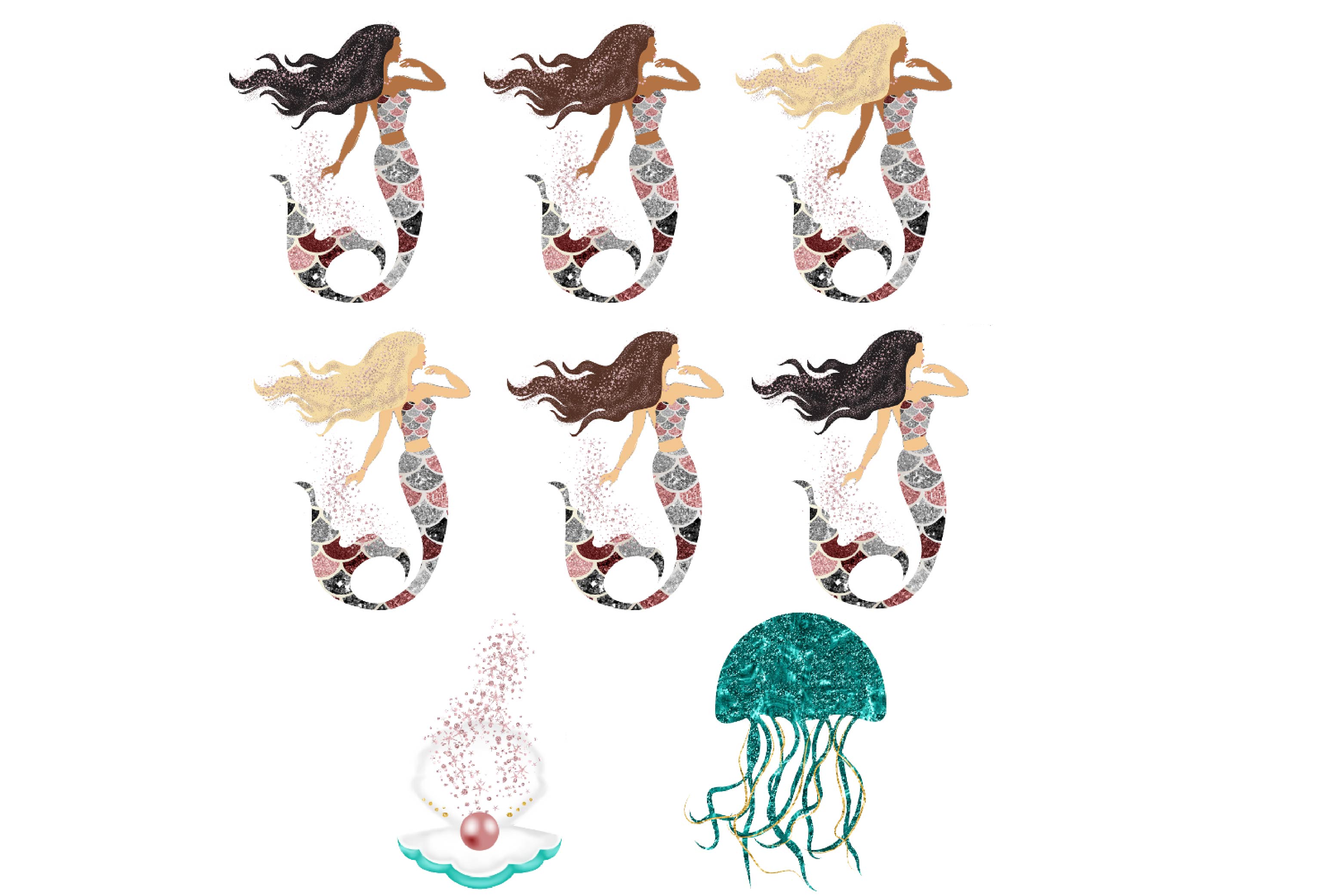 Glitter Mermaids Clipart (46948) Illustrations Design Bundles