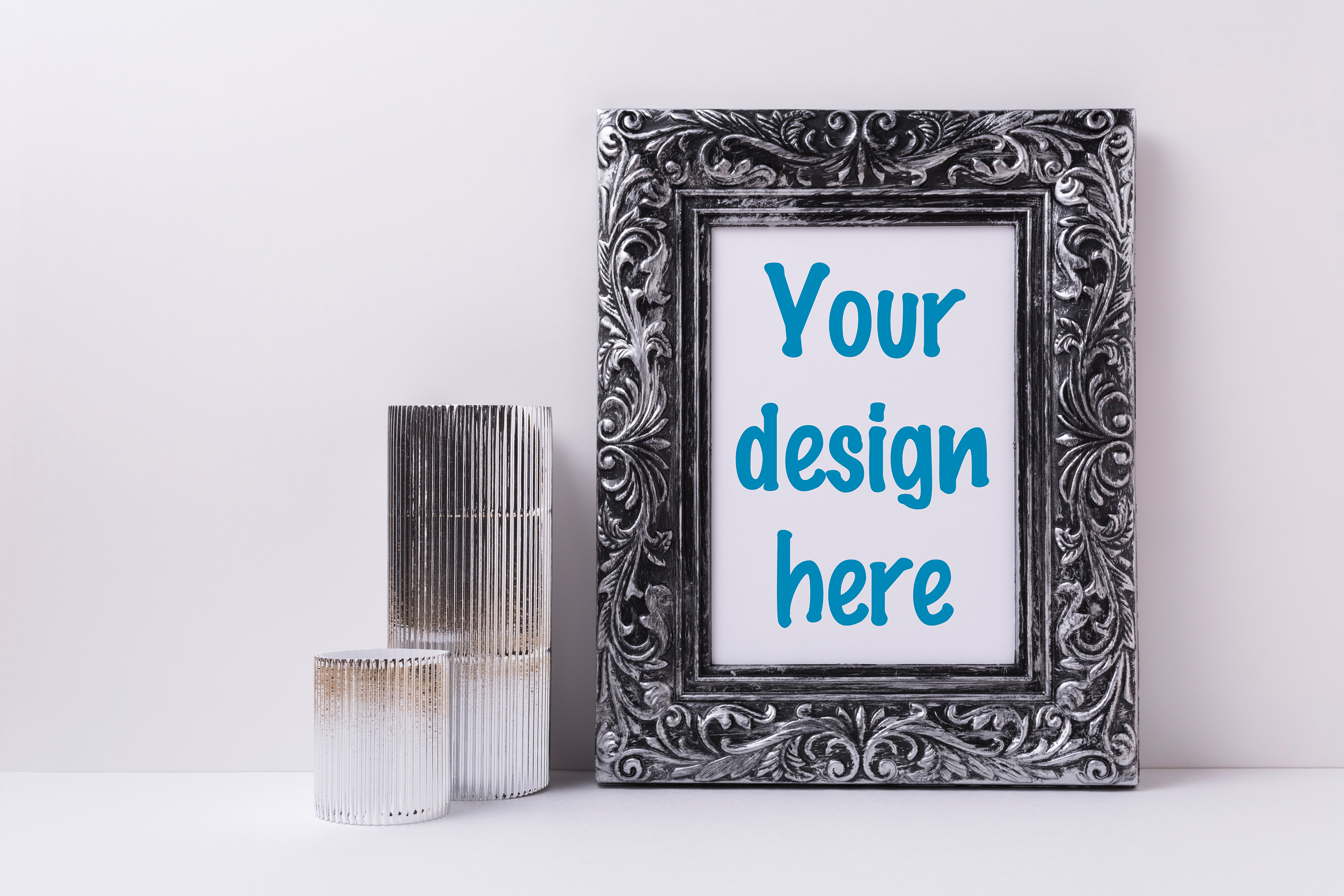 Download Vintage silver frame mockup with two modern vases