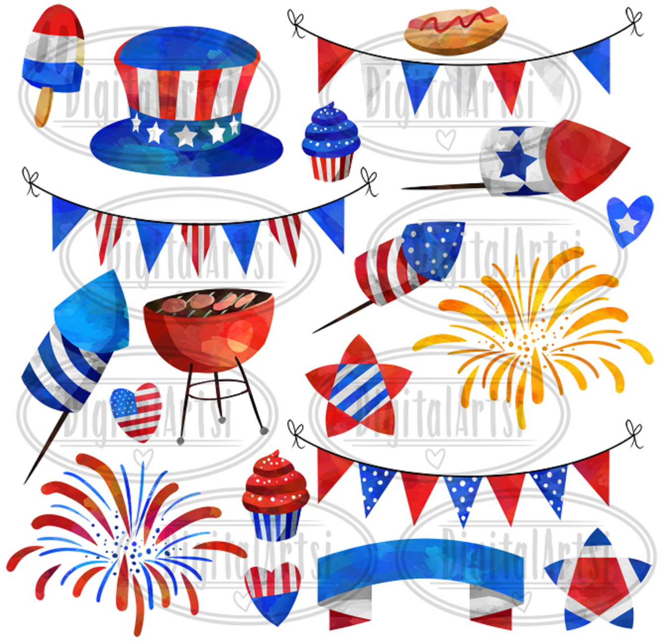 Watercolor July 4th Clipart 3548