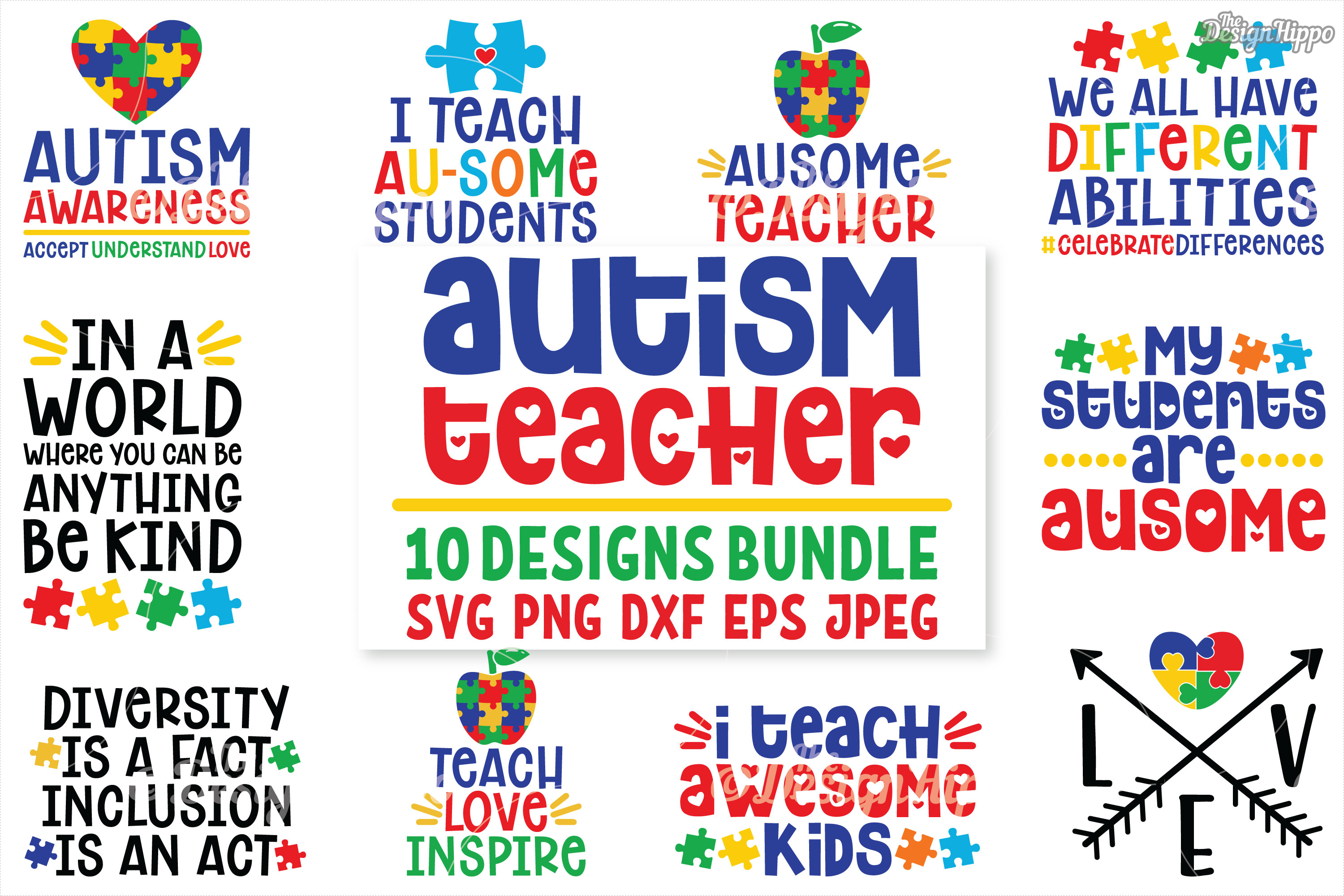 Autism Teacher, SVG Bundle of 10 Designs, DXF PNG Cut Files