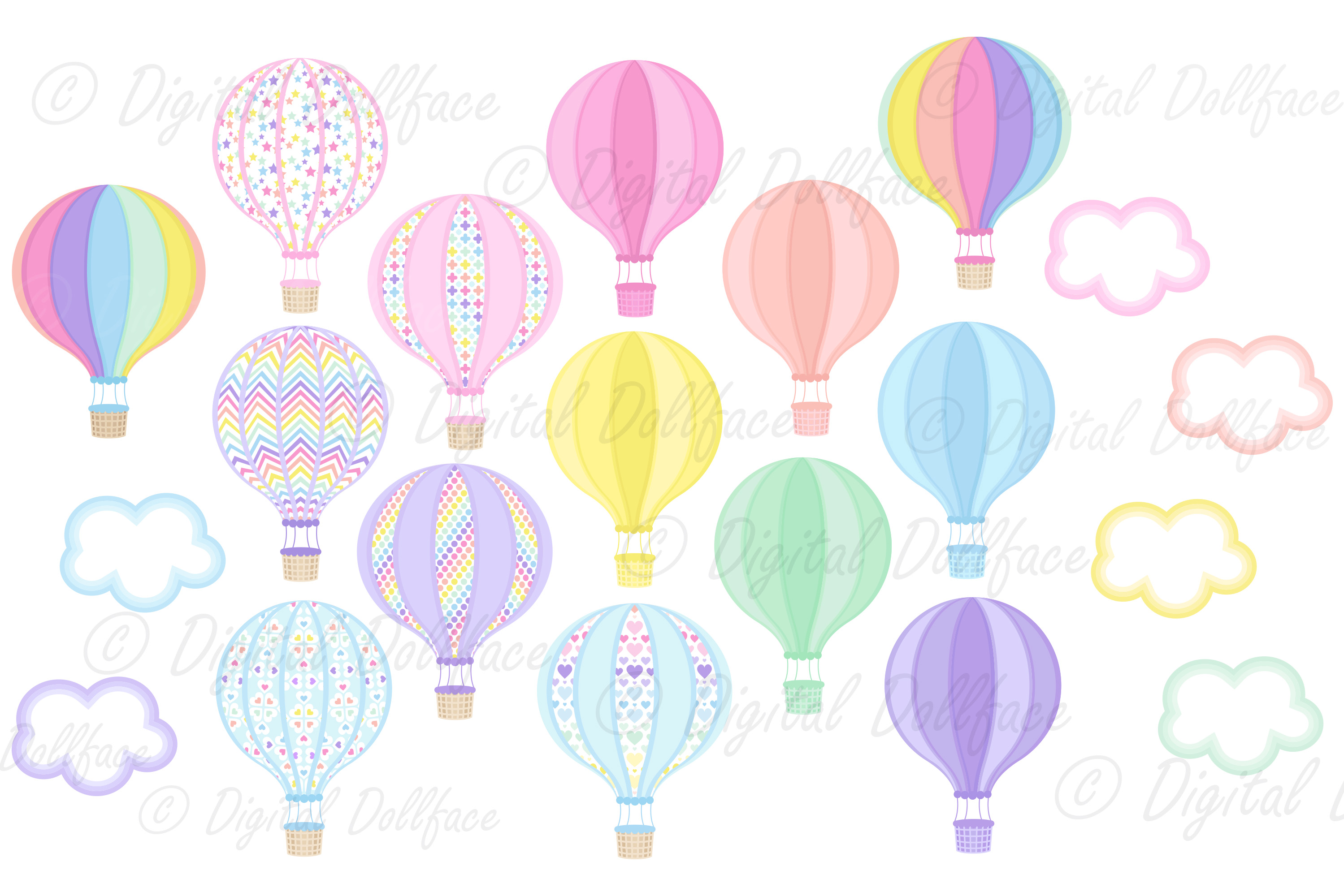 Hot Air Balloon Clip Art, Pastel Rainbow, Kawaii Graphics (518972