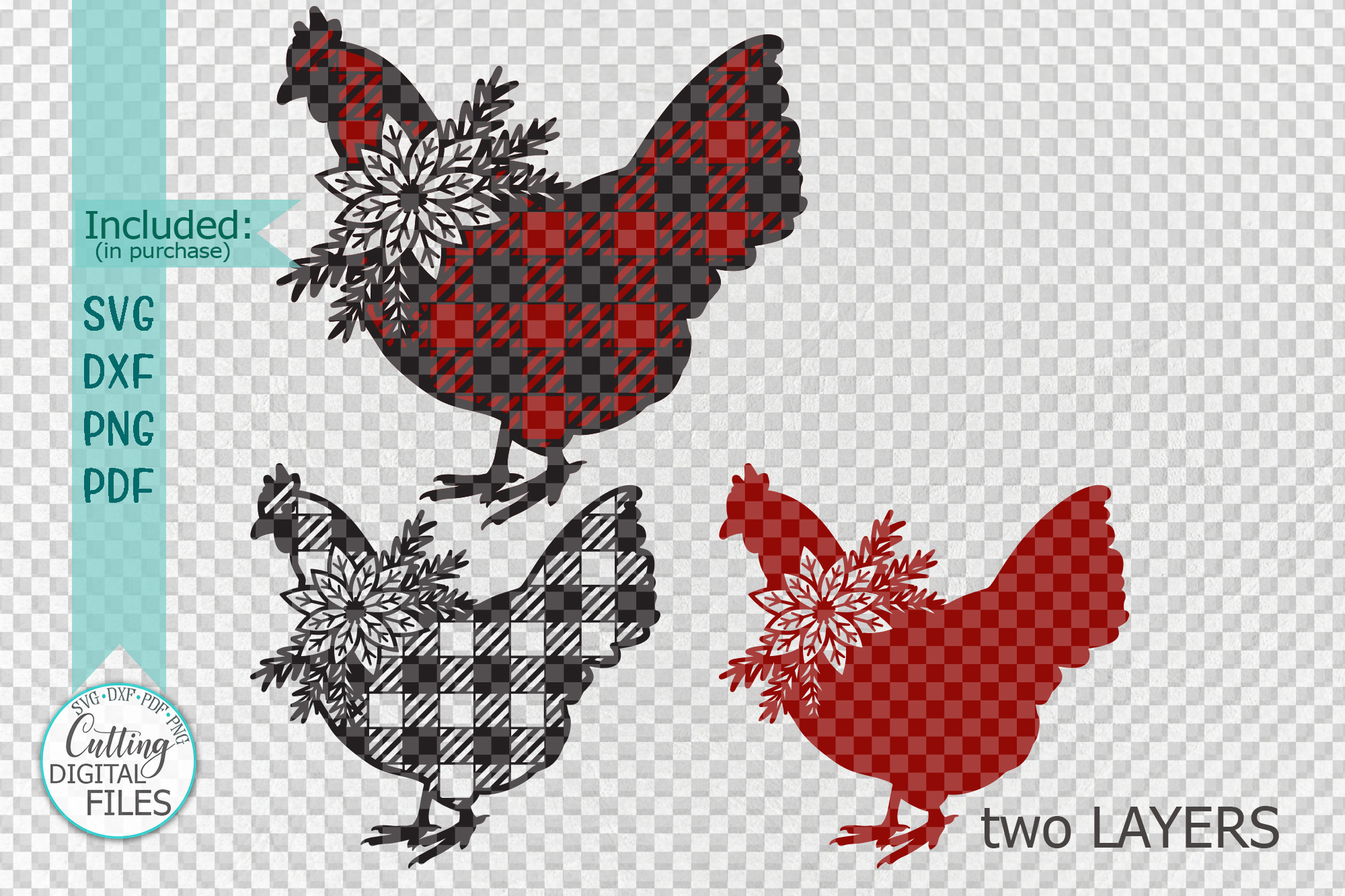 Download Floral Buffalo Plaid Christmas Chicken svg papercut template