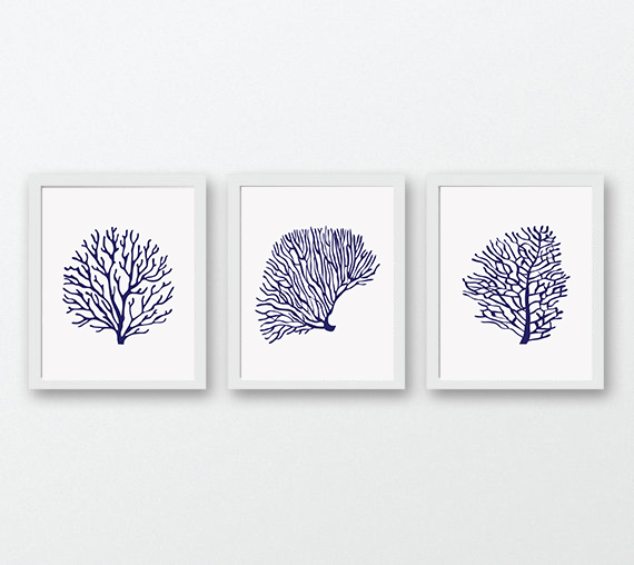 Coral Prints Navy Blue Wall Art Print Set Of 3 Coral Wall Art