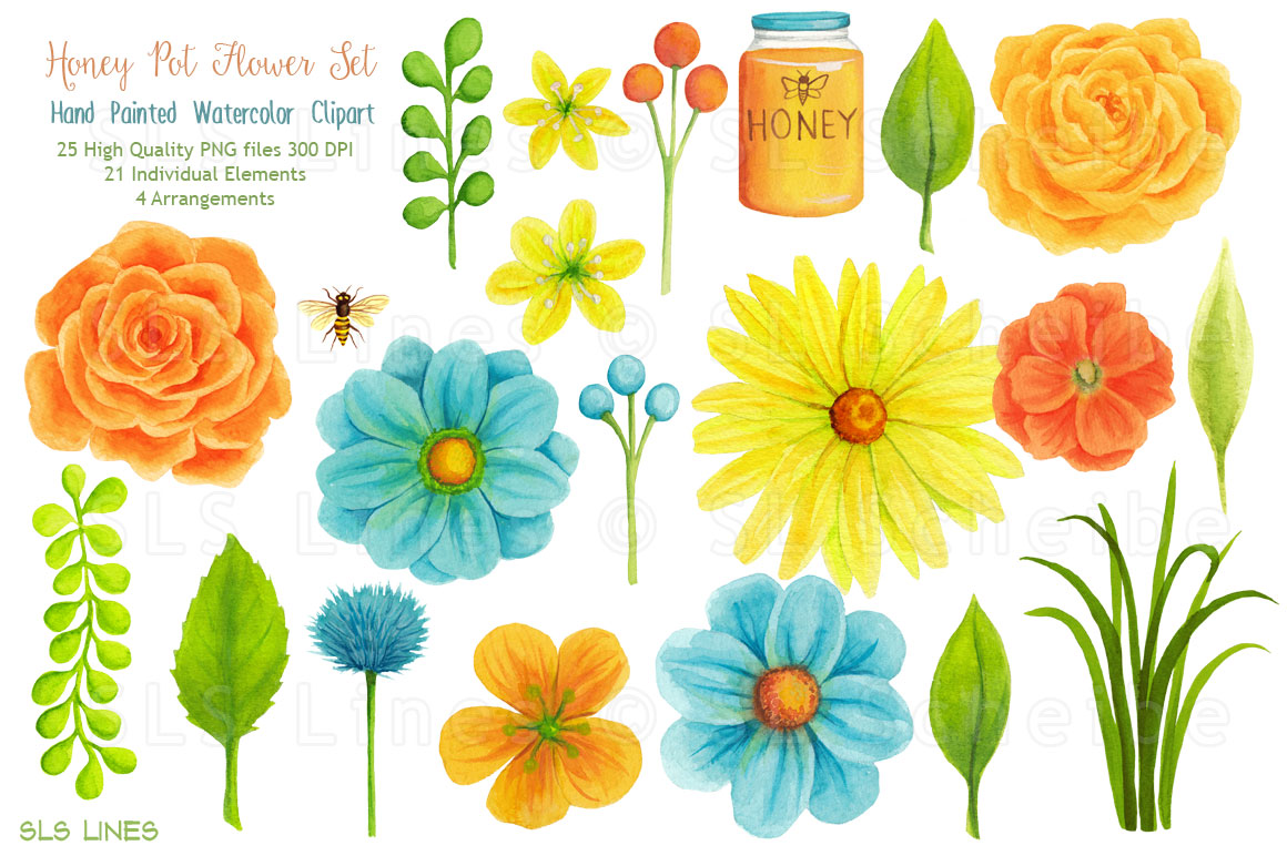 Download Honey Pot & Bees Watercolor Flower Set (220367 ...