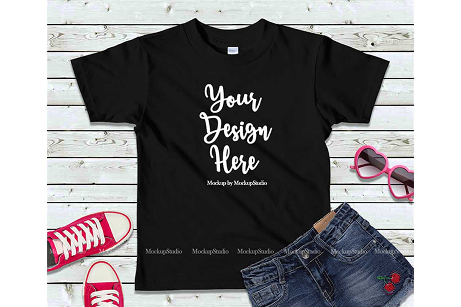 Kids Black Tshirt Mock Up Girls Teen Flat Lay Tee Display (134956) | Mock Ups | Design Bundles