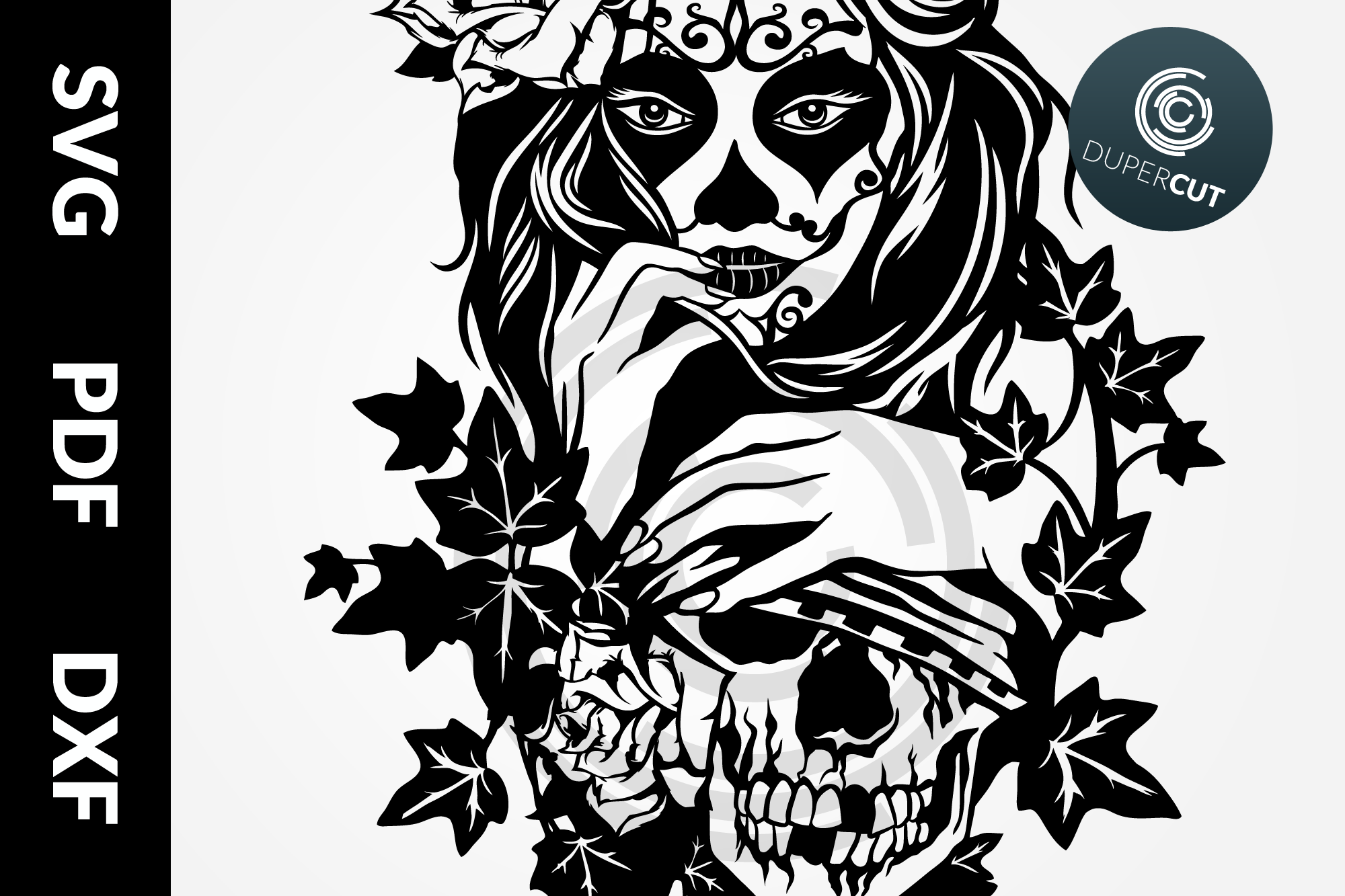 Download SVG / PDF / DXF Female Sugar Skull, Papercutting Template
