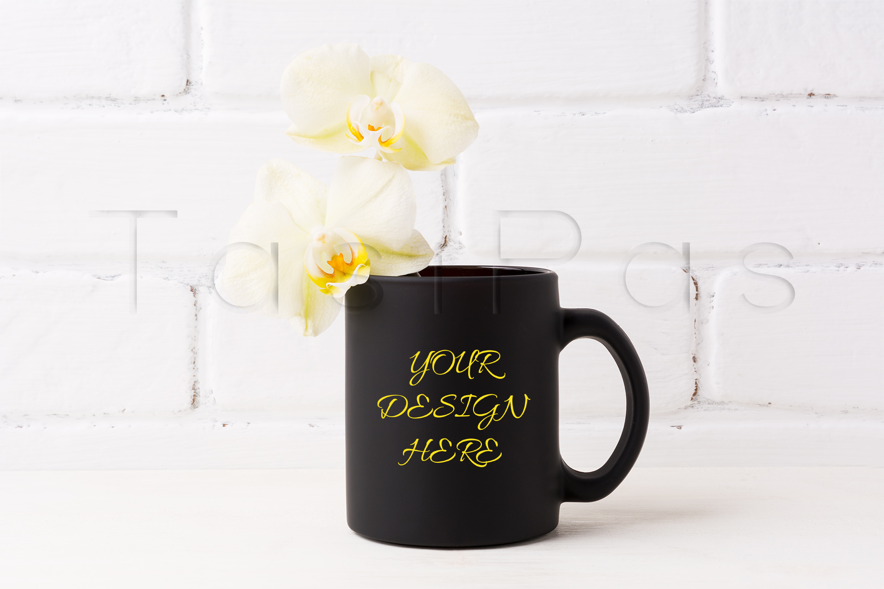 Download Black coffee mug mockup with soft yellow orchid (68405) | Mock Ups | Design Bundles