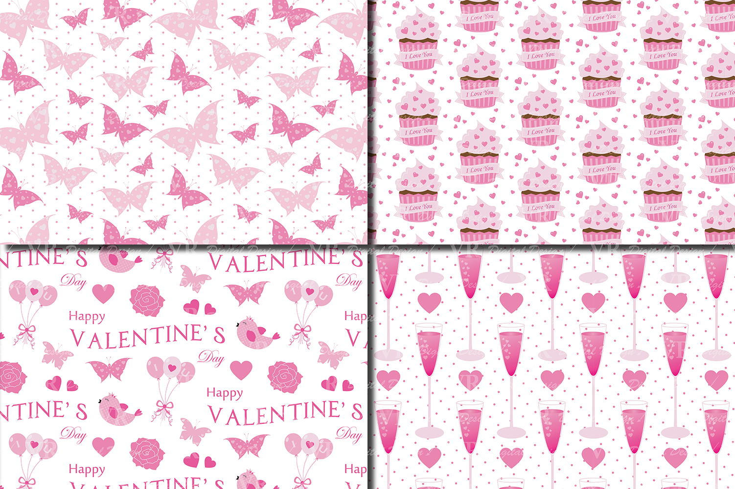 Pink Valentine`s Day Digital Paper Pack With Hearts, Cupcakes ...