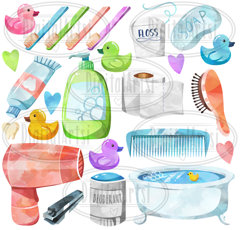 Watercolor Bathroom Supplies Clipart