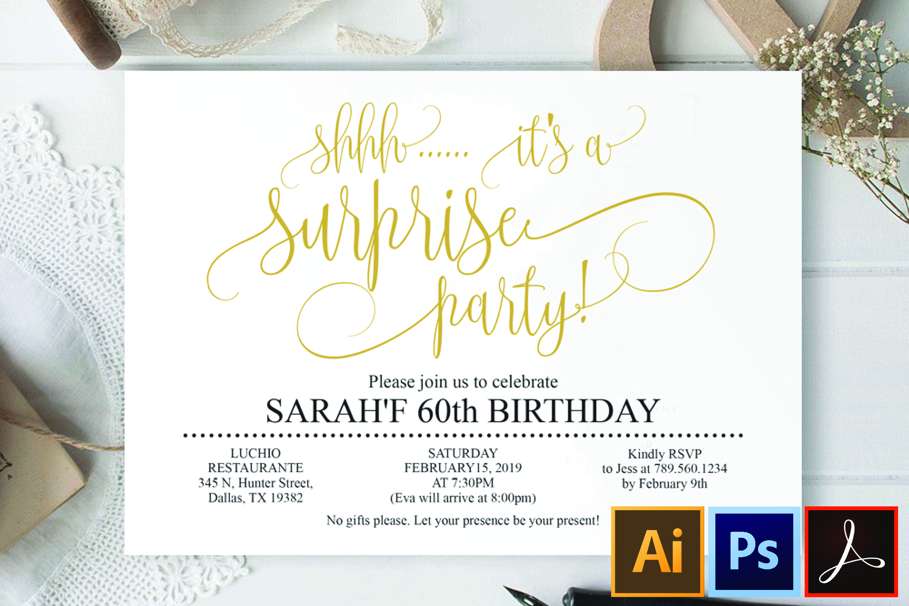 Gold Surprise birthday invitation 60th birthday Party (389332) | Card and Invites | Design Bundles
