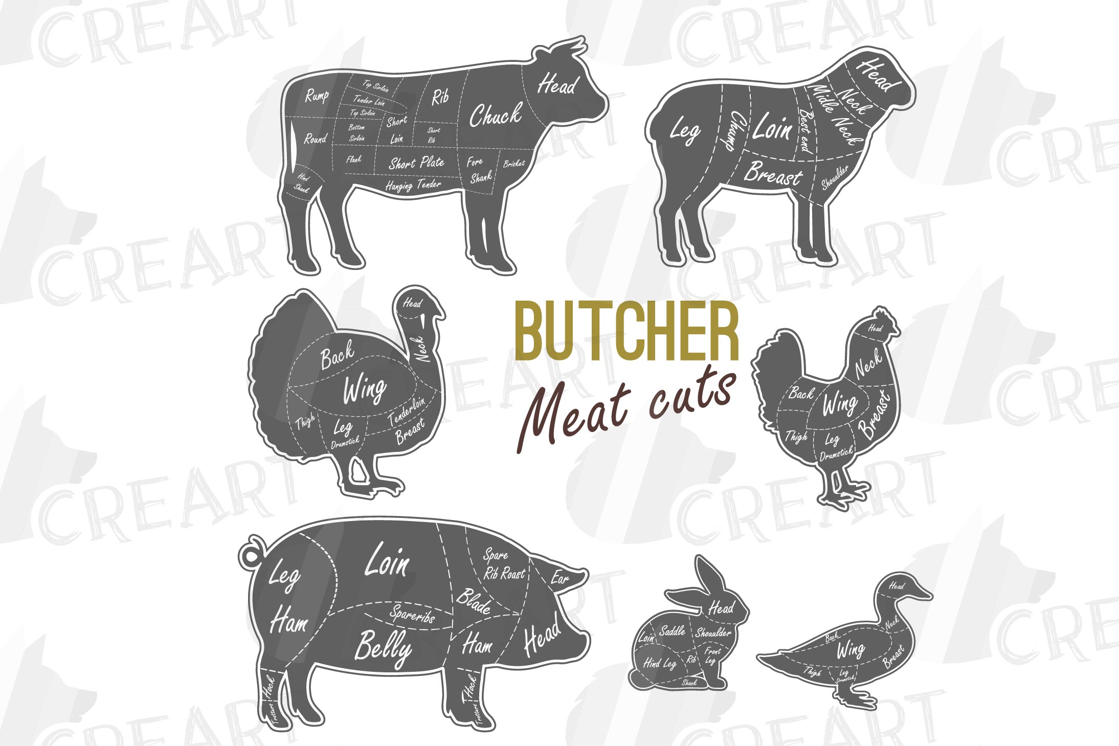 Butcher diagram clipart, cuts of meat lamb, beef, pork, chic