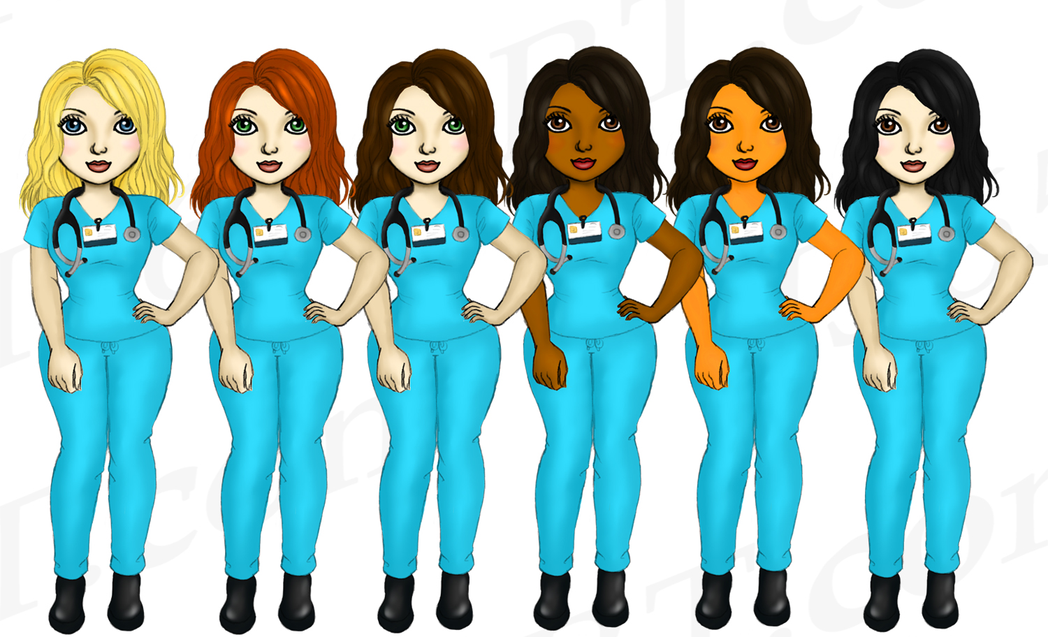 Beautiful Nurse Girls in Scrubs Clipart Fashion Dolls PNG