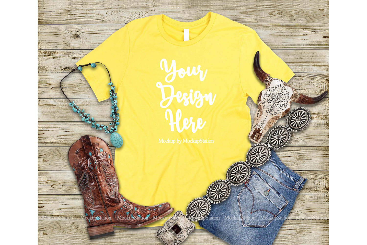 Western Yellow T-Shirt Mock Up, Southern Bella Canvas 3001 (284264) | Mock Ups | Design Bundles