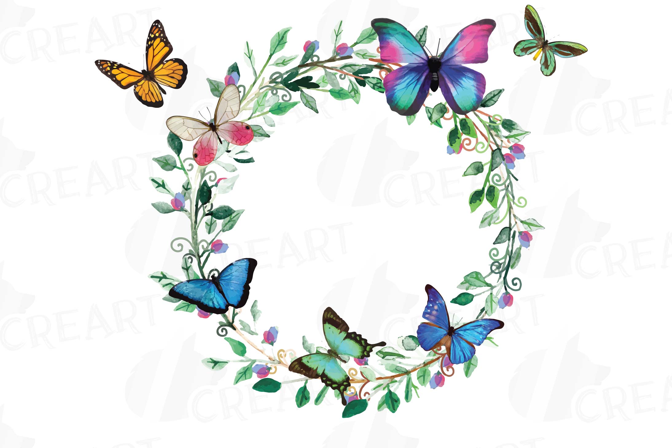 Download Watercolor Wreath with watercolor butterflies Clip art