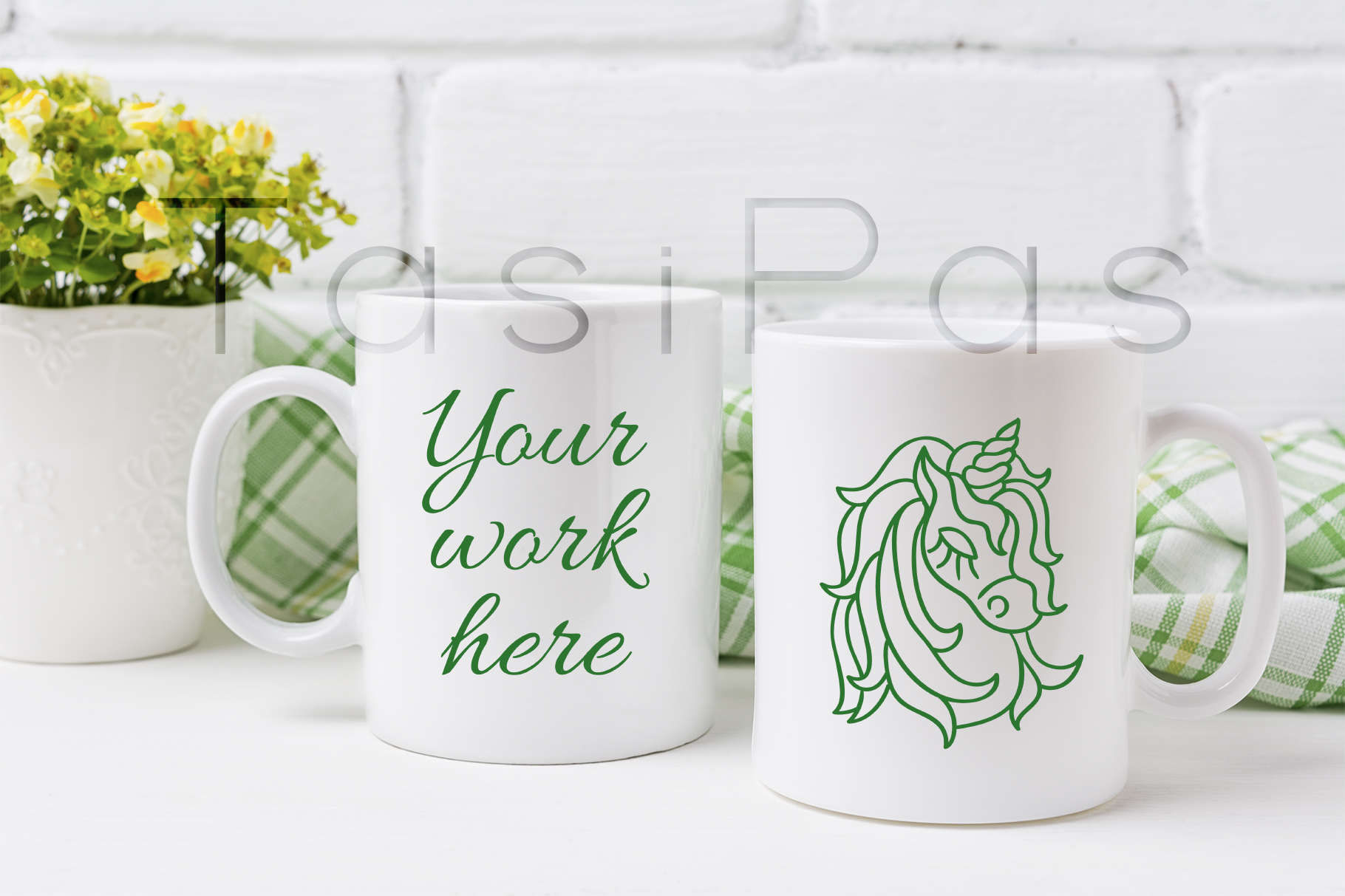 Download Two coffee mug mockup with yellow and green flowers (125696) | Mock Ups | Design Bundles