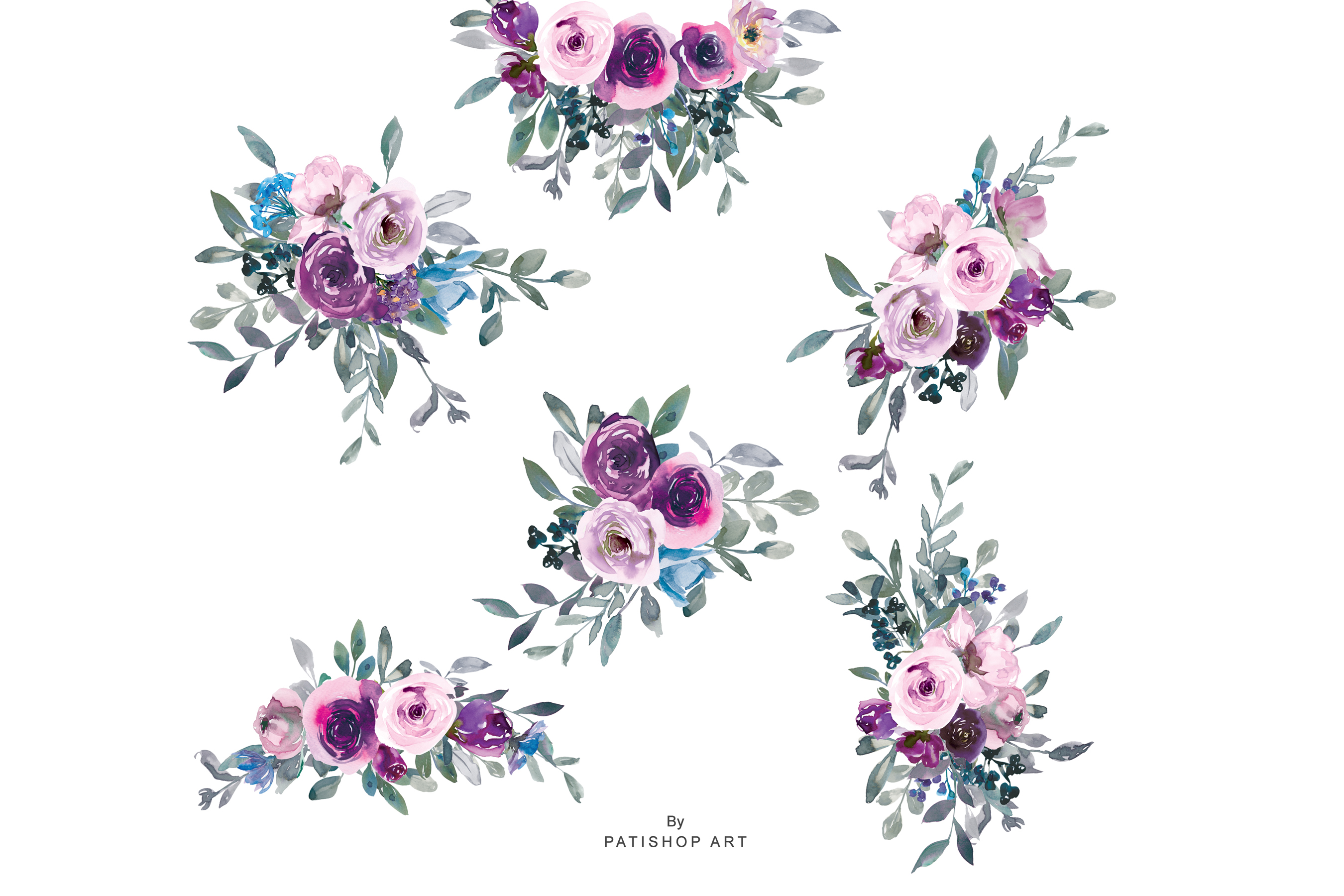 Watercolor Pink and Purple Roses Clipart Floral Bouquets (125510 ...