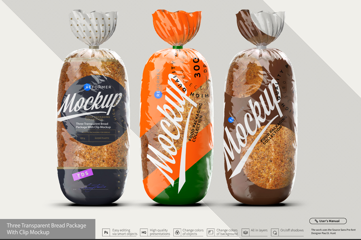 Download Three Transparent Bread Package with Clip Mockup (126116) | Mock Ups | Design Bundles