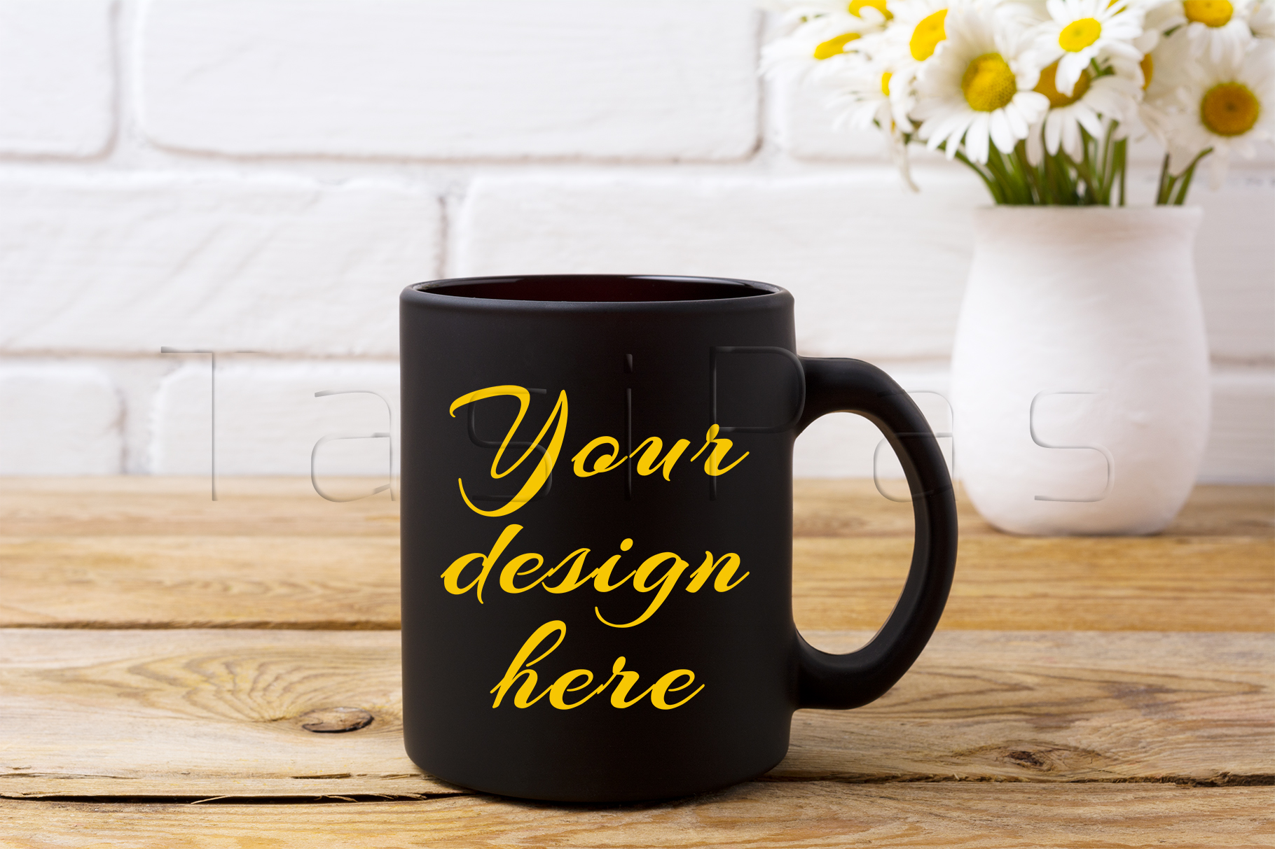 Download Black coffee mug mockup with white field chamomile bouquet in handmade rustic vase.