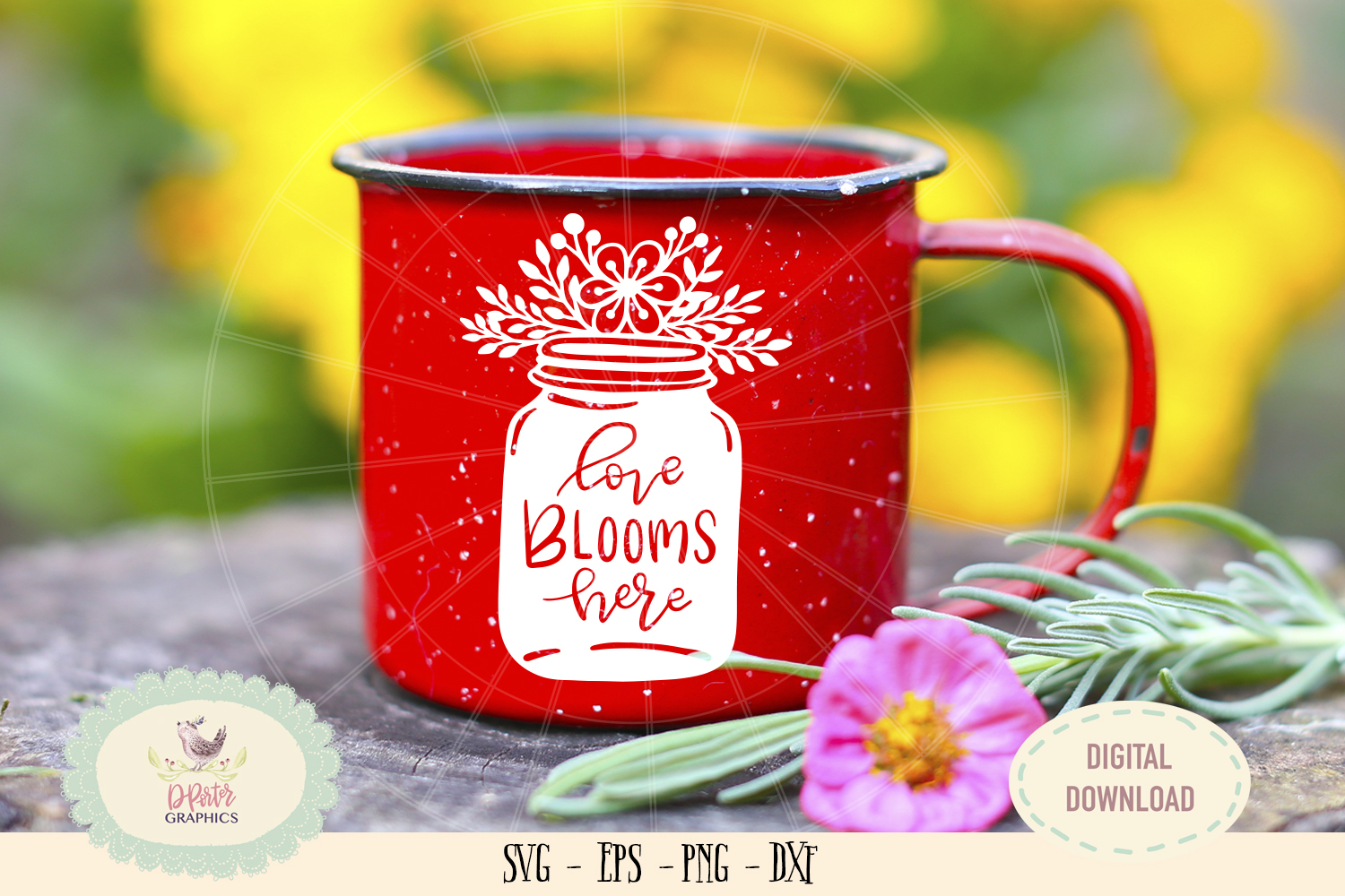 Download Love blooms here mason jar flowers SVG PNG hand drawn