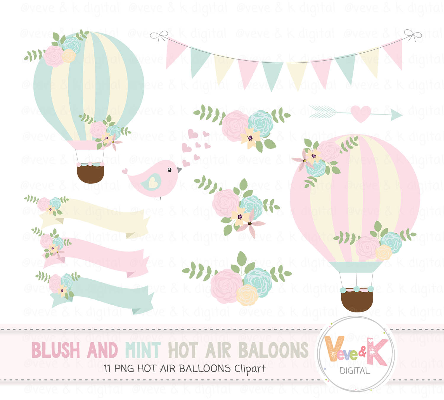 Hot Air Balloons Clipart Blush And Mint Hot Air Balloon Clipart