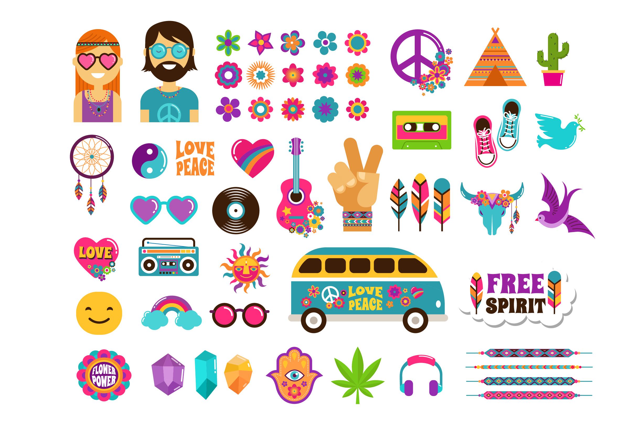 Hippie, 60's, Boho stickers, icons