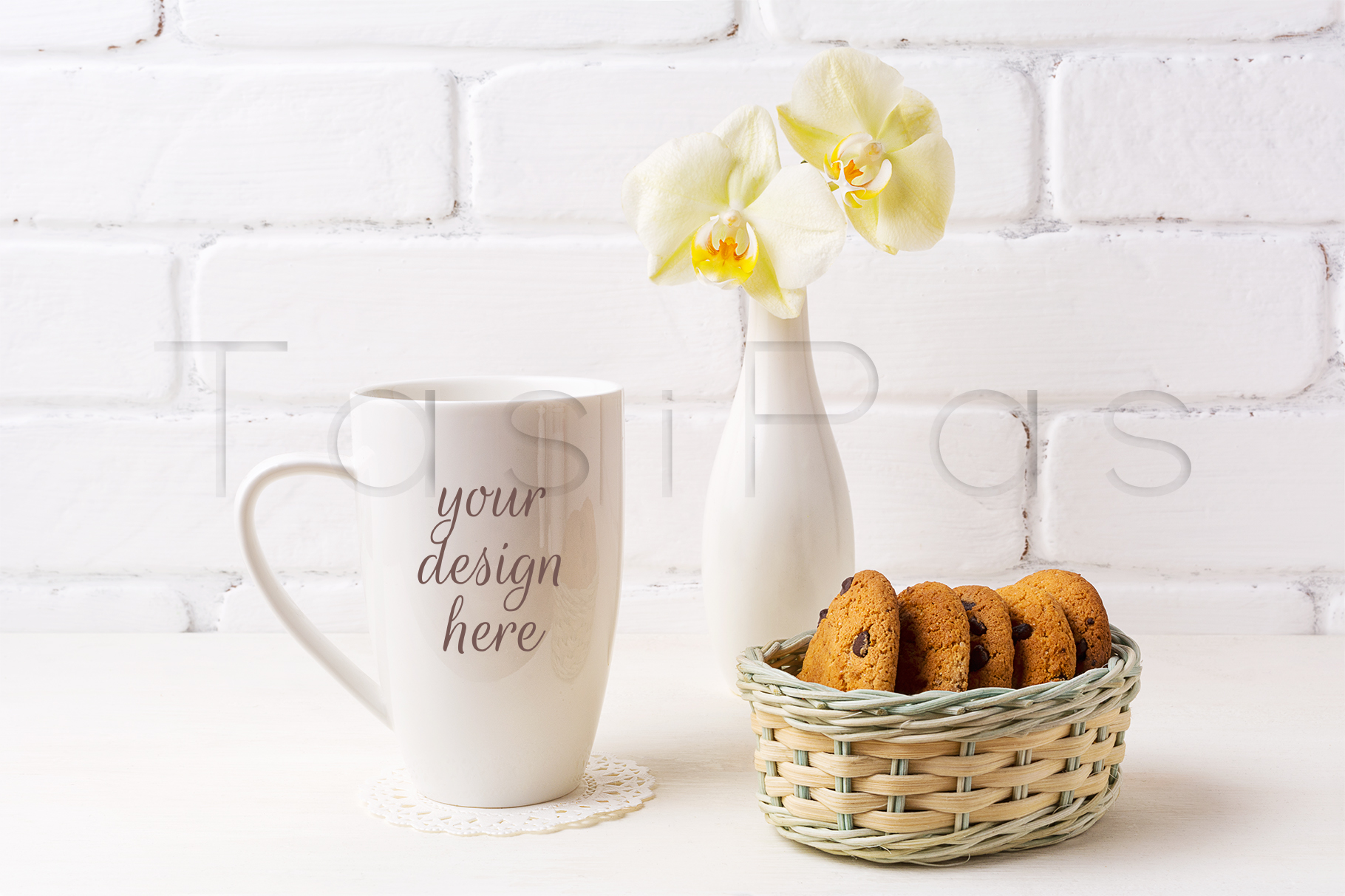 Download White coffee cappuccino mug mockup with soft yellow orchid ...