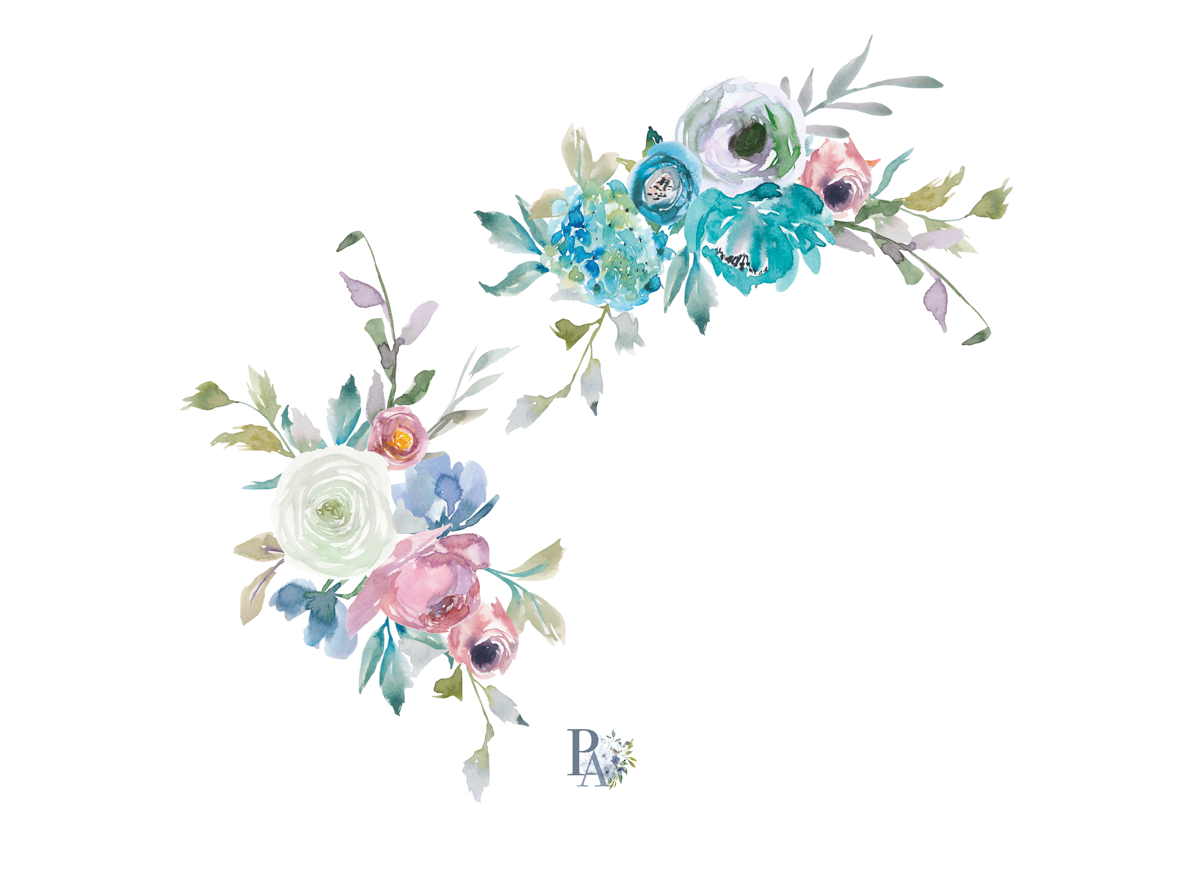 Watercolor Dusty Blue &Turquoise Floral Clipart (71998 ...